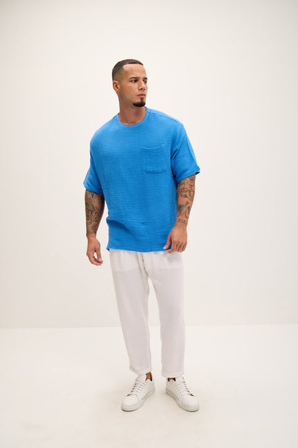 Pure Cotton Textured Oversized T-shirt - Sax - Ron Tomson
