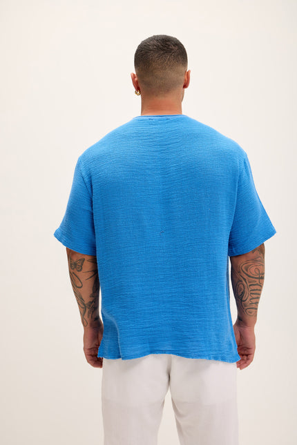 Pure Cotton Textured Oversized T-shirt - Sax - Ron Tomson