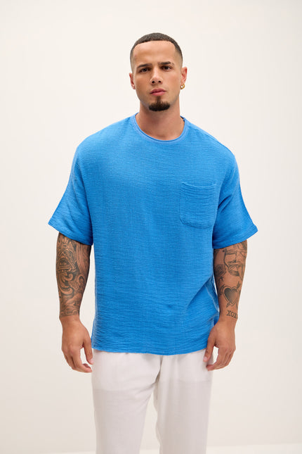 Pure Cotton Textured Oversized T-shirt - Sax - Ron Tomson