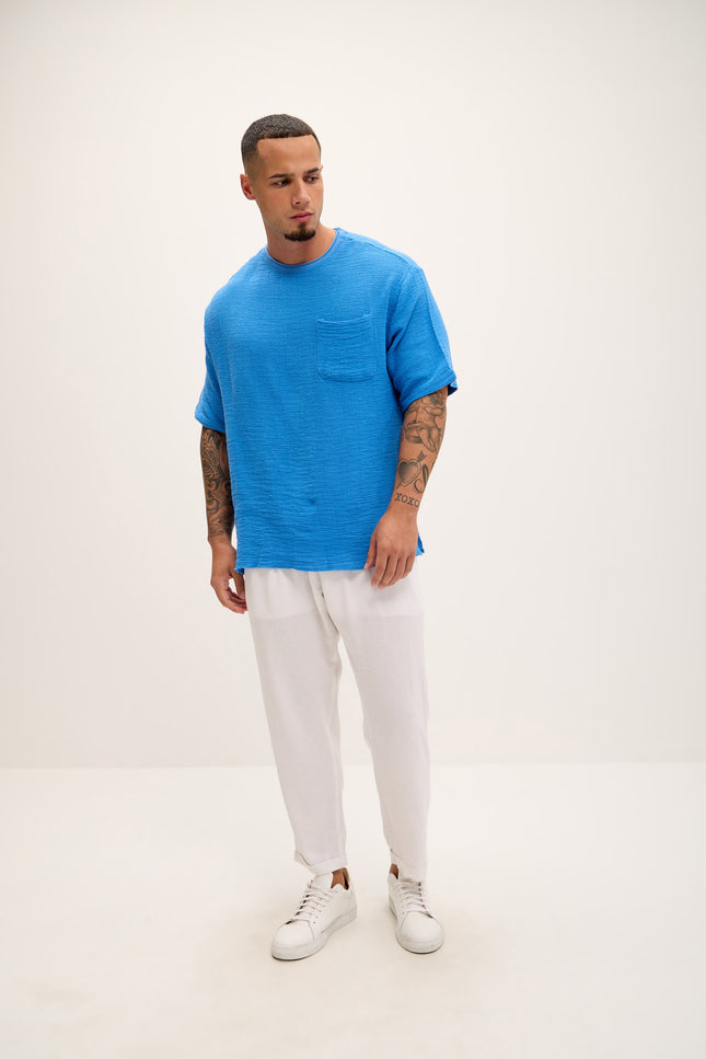 Pure Cotton Textured Oversized T-shirt - Sax - Ron Tomson