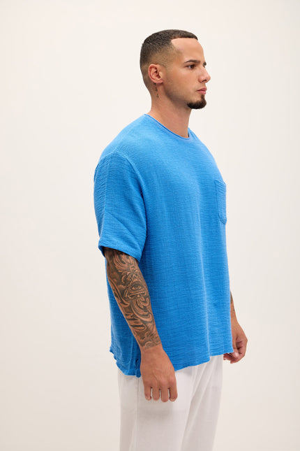 Pure Cotton Textured Oversized T-shirt - Sax - Ron Tomson
