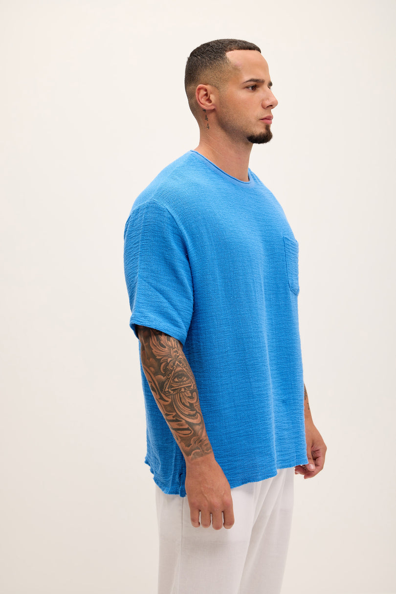 Pure Cotton Textured Oversized T-shirt - Sax - Ron Tomson