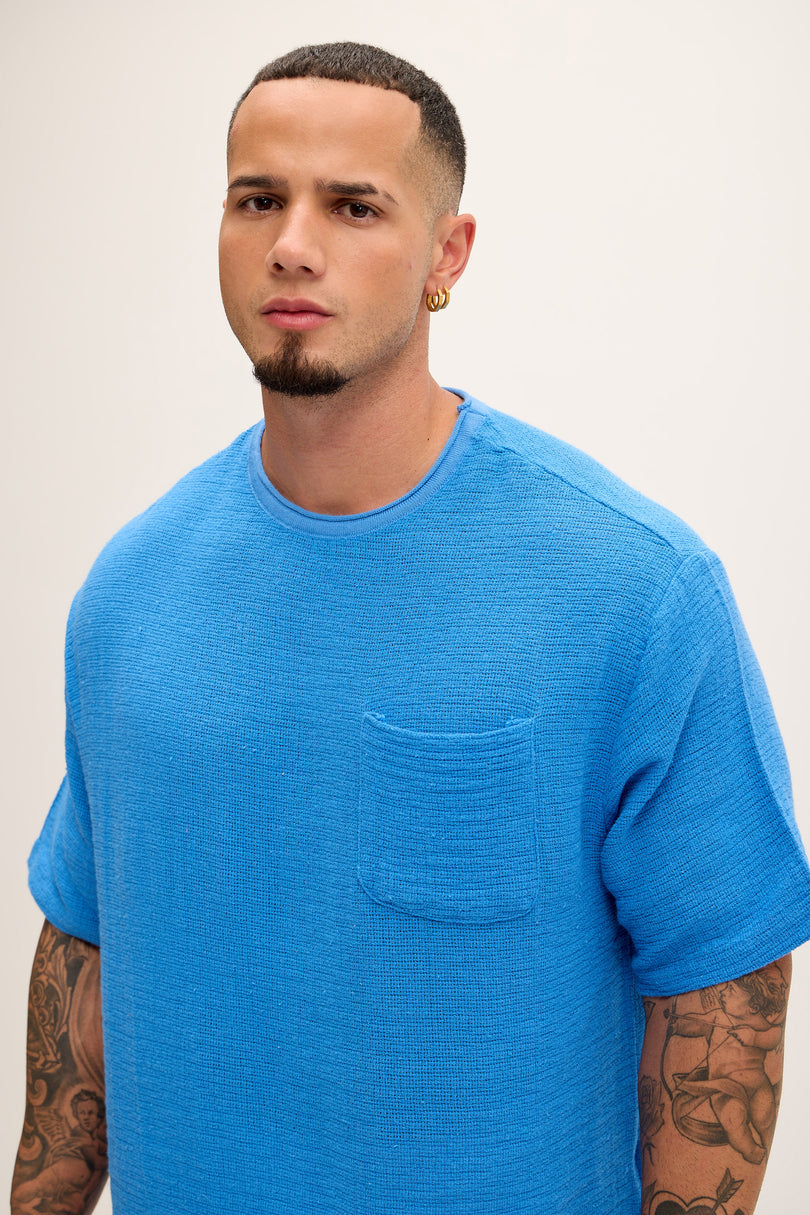 Pure Cotton Textured Oversized T-shirt - Sax - Ron Tomson