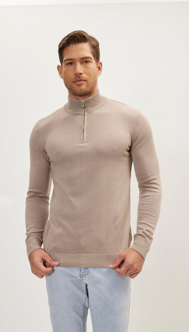 Quarter Zipper Mock Neck Ribbed Sweater - Beige - Ron Tomson