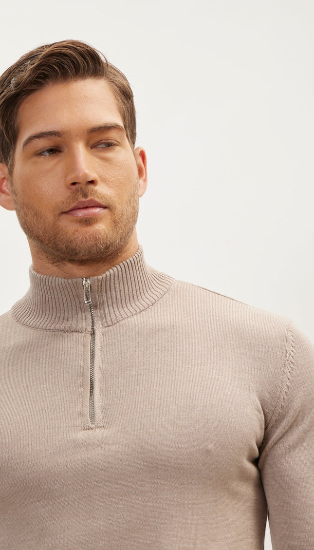 Quarter Zipper Mock Neck Ribbed Sweater - Beige - Ron Tomson