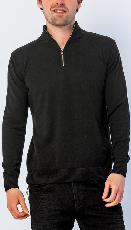 Quarter Zipper Mock Neck Ribbed Sweater - Black - Ron Tomson