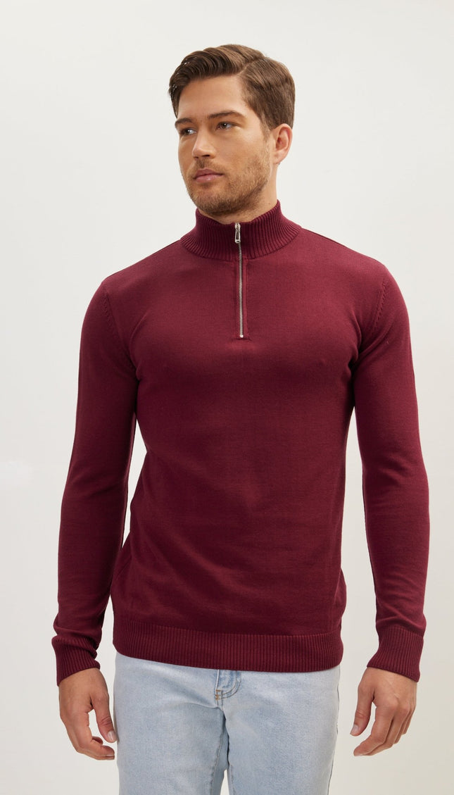 Quarter Zipper Mock Neck Ribbed Sweater - Burgundy - Ron Tomson