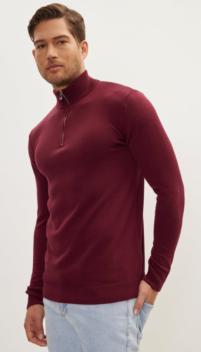 Quarter Zipper Mock Neck Ribbed Sweater - Burgundy - Ron Tomson