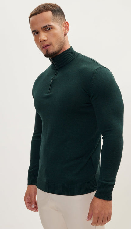 Quarter Zipper Mock Neck Ribbed Sweater - Green - Ron Tomson