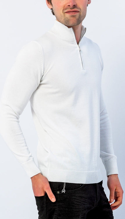 Quarter Zipper Mock Neck Ribbed Sweater - Off White - Ron Tomson