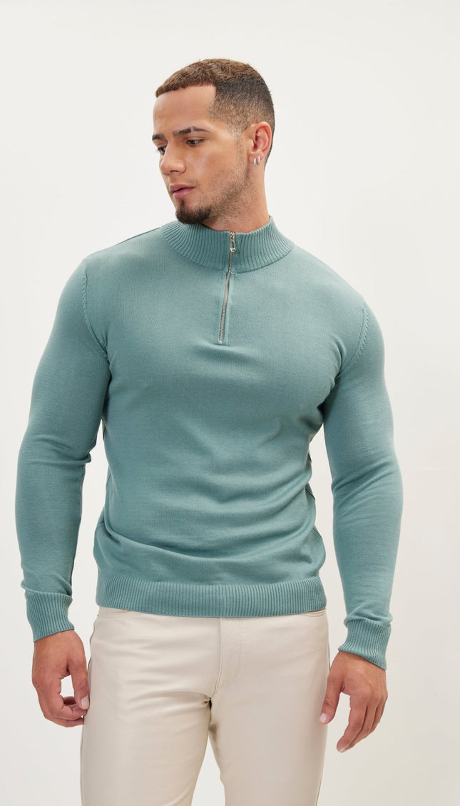 Quarter Zipper Mock Neck Ribbed Sweater - Teal Green - Ron Tomson