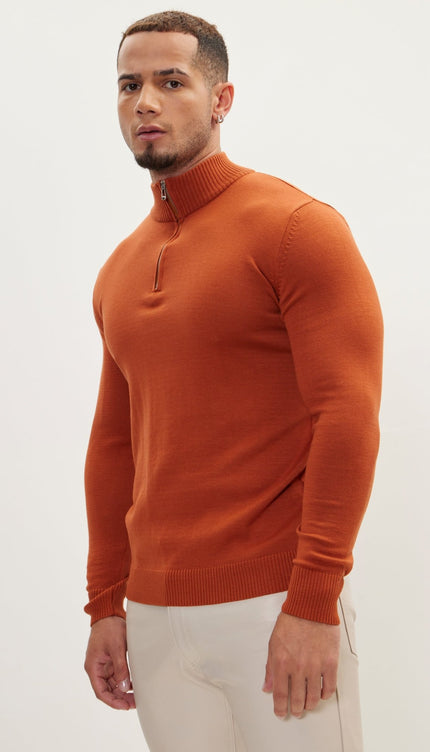 Quarter Zipper Mock Neck Ribbed Sweater - Tile - Ron Tomson