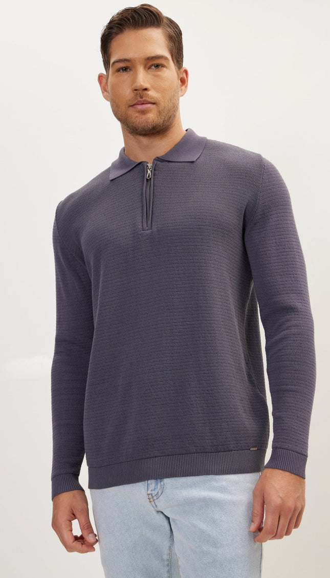 Quarter Zipper Ribbed Polo - Anthracite - Ron Tomson