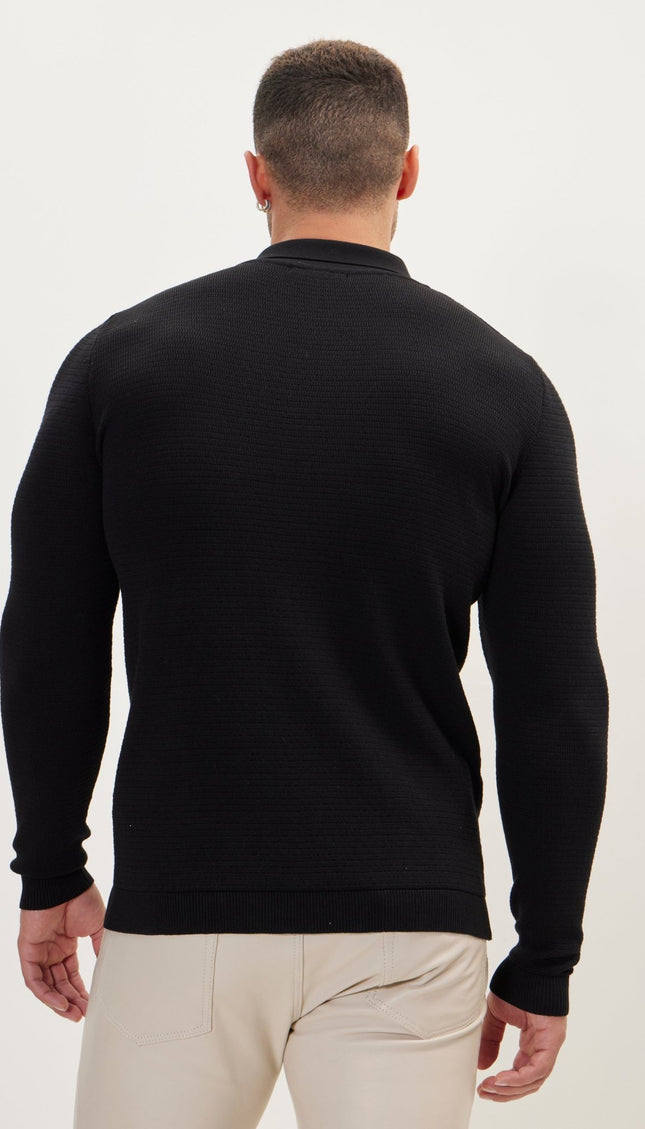 Quarter Zipper Ribbed Polo - Black - Ron Tomson