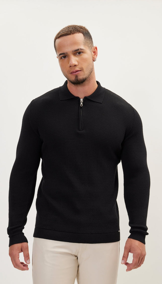 Quarter Zipper Ribbed Polo - Black - Ron Tomson