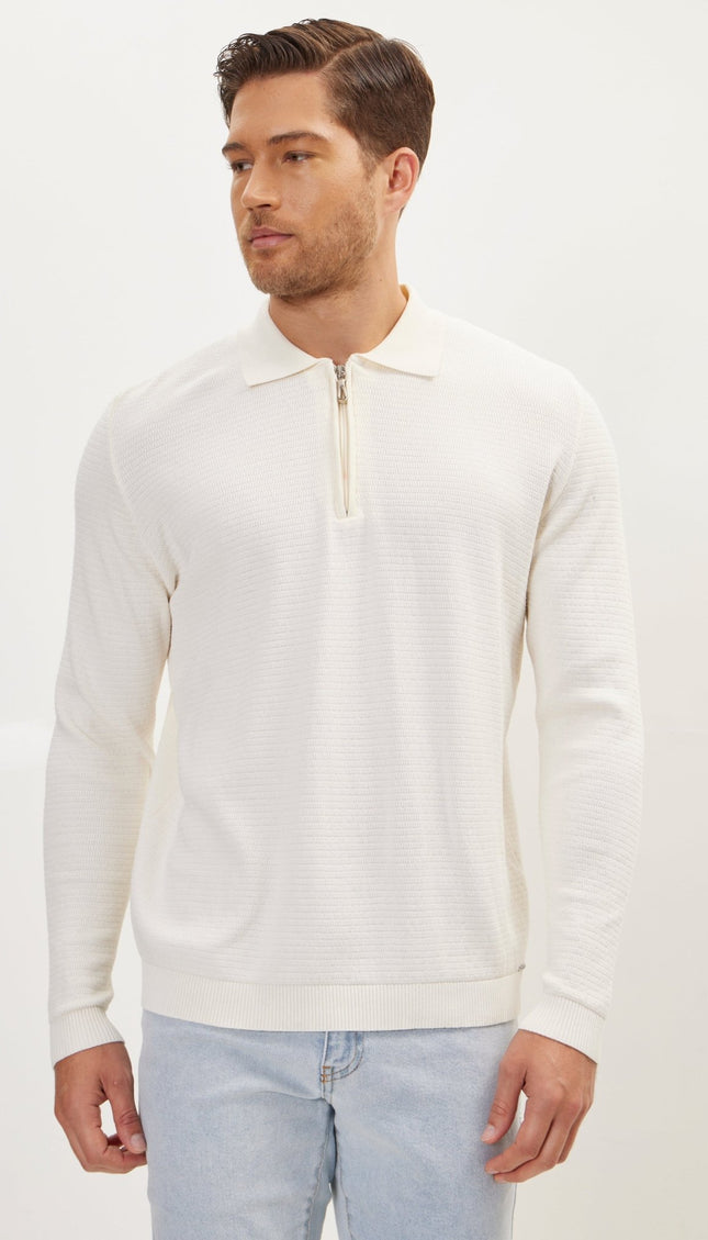 Quarter Zipper Ribbed Polo - Ecru - Ron Tomson