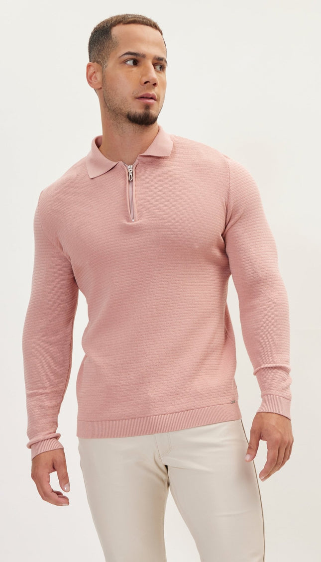 Quarter Zipper Ribbed Polo - Rose - Ron Tomson