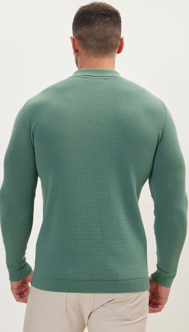 Quarter Zipper Ribbed Polo - Teal Green - Ron Tomson