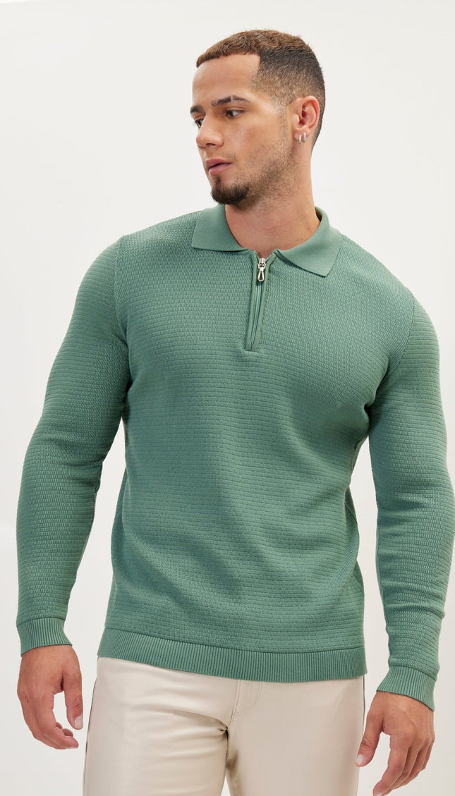 Quarter Zipper Ribbed Polo - Teal Green - Ron Tomson