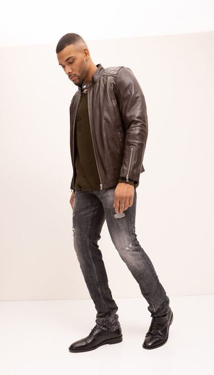 Quilted Detail Leather Jacket - Brown - Ron Tomson