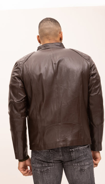 Quilted Detail Leather Jacket - Brown - Ron Tomson