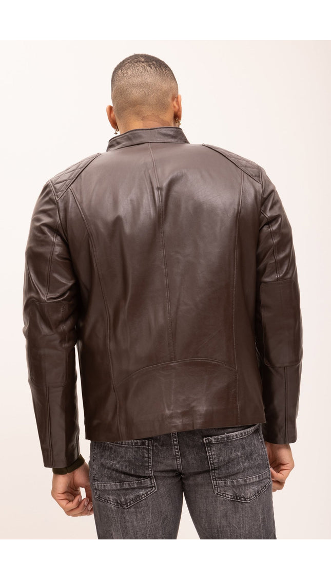 Quilted Detail Leather Jacket - Brown - Ron Tomson