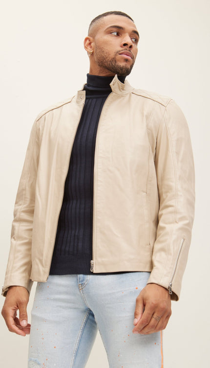 Quilted Detail Leather Jacket - Ecru - Ron Tomson