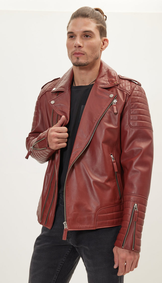 Quilted Leather Moto Jacket - Brick Falcon - Ron Tomson