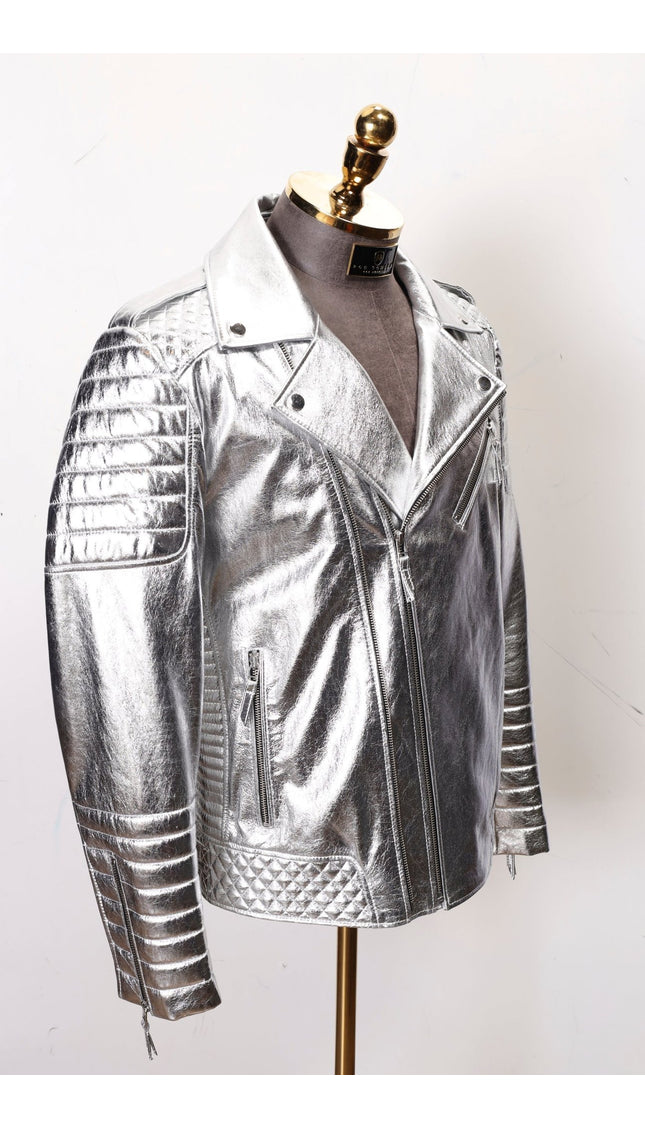 Quilted Leather Moto Jacket - Silver - Ron Tomson