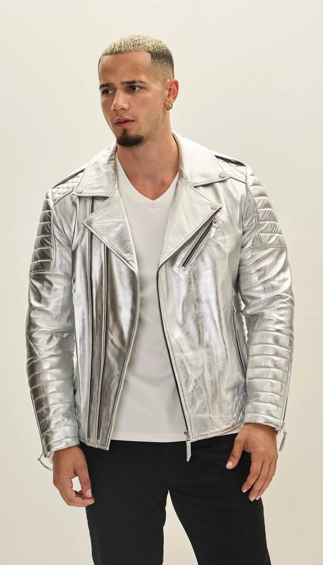 Quilted Leather Moto Jacket - Silver - Ron Tomson