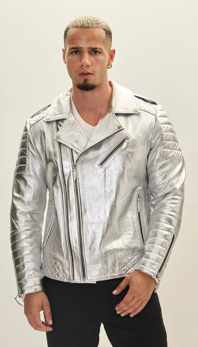 Quilted Leather Moto Jacket - Silver - Ron Tomson