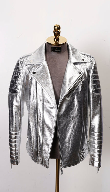 Quilted Leather Moto Jacket - Silver - Ron Tomson