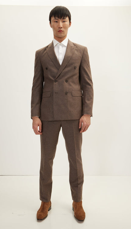 R Merino Wool Double Breasted Suit - Brown - Ron Tomson