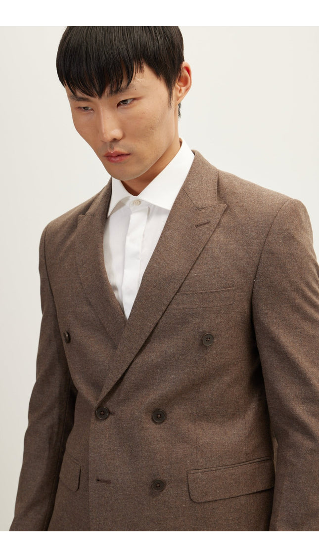 R Merino Wool Double Breasted Suit - Brown - Ron Tomson