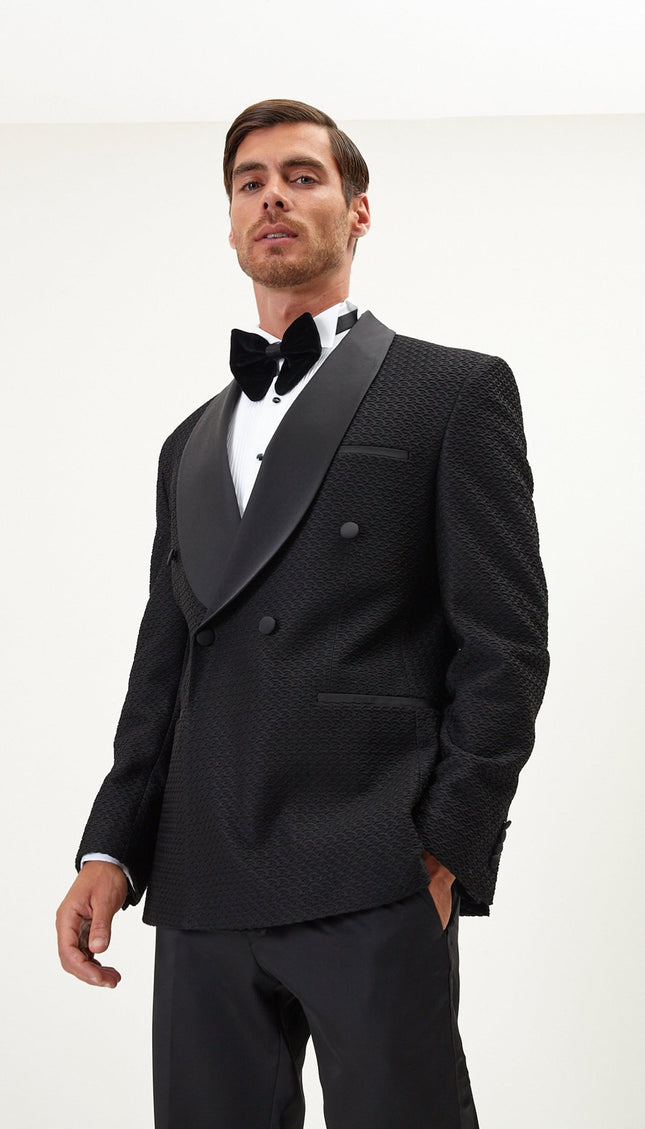 Raised Armor Texture Double Brested Tuxedo Jacket - Black - Ron Tomson