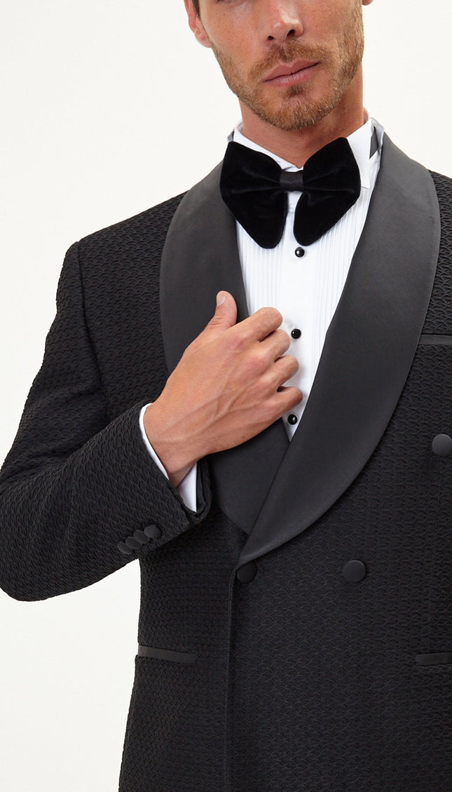 Raised Armor Texture Double Brested Tuxedo Jacket - Black - Ron Tomson