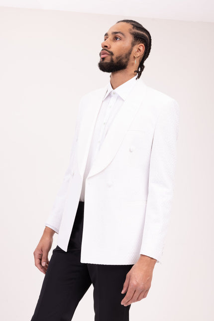 Raised Armor Texture Double Brested Tuxedo Jacket - White - Ron Tomson