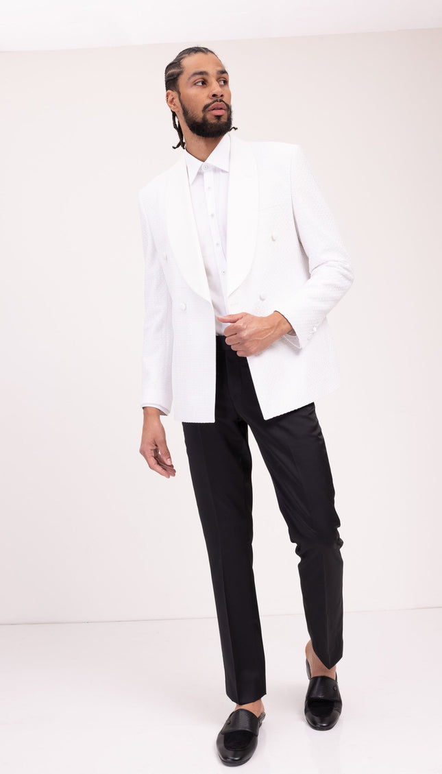 Raised Armor Texture Double Brested Tuxedo Jacket - White - Ron Tomson