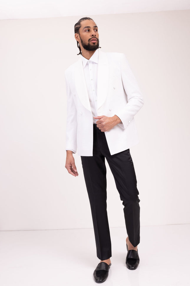 Raised Armor Texture Double Brested Tuxedo Jacket - White - Ron Tomson