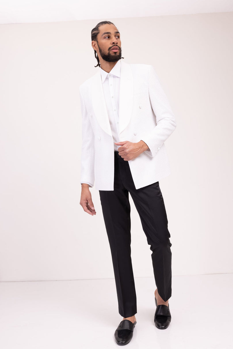 Raised Armor Texture Double Brested Tuxedo Jacket - White - Ron Tomson