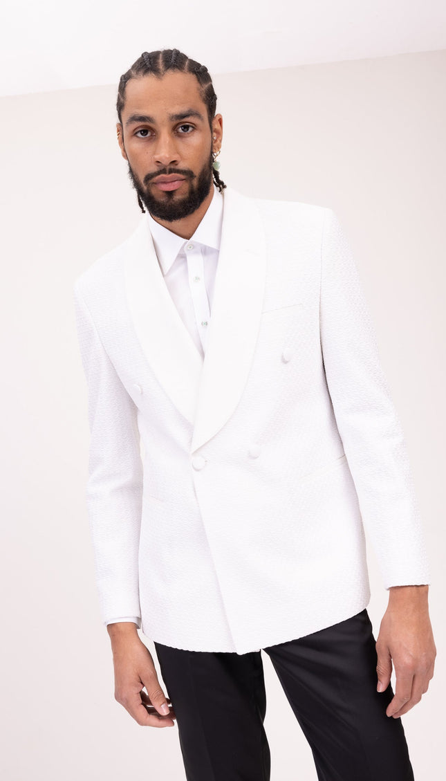 Raised Armor Texture Double Brested Tuxedo Jacket - White - Ron Tomson
