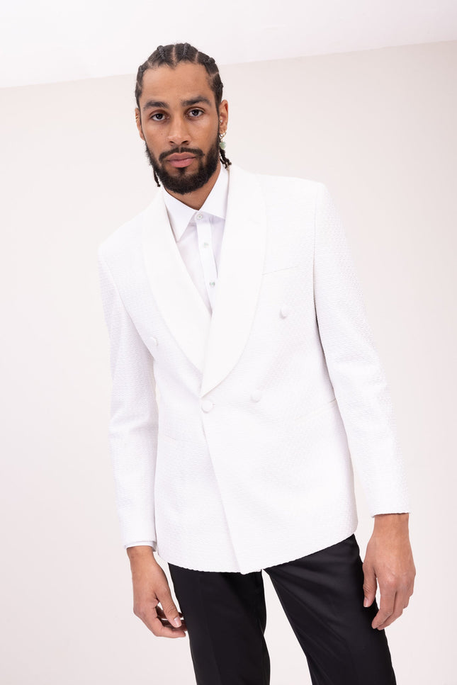 Raised Armor Texture Double Brested Tuxedo Jacket - White - Ron Tomson
