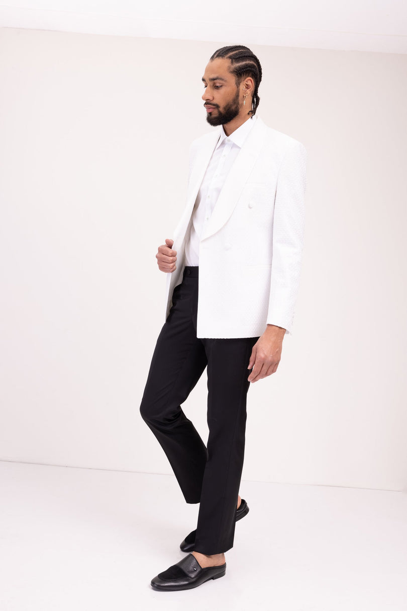 Raised Armor Texture Double Brested Tuxedo Jacket - White - Ron Tomson