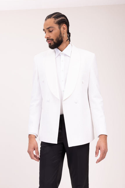 Raised Armor Texture Double Brested Tuxedo Jacket - White - Ron Tomson
