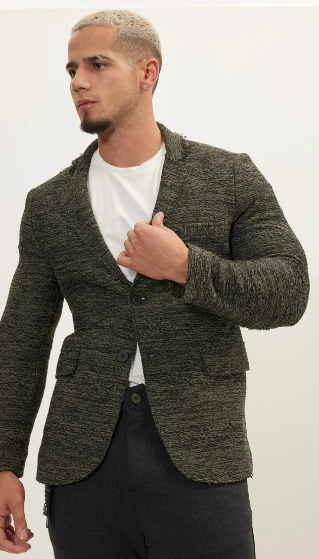Raw Edge Fitted Cardigan - Khaki Black - Ron Tomson