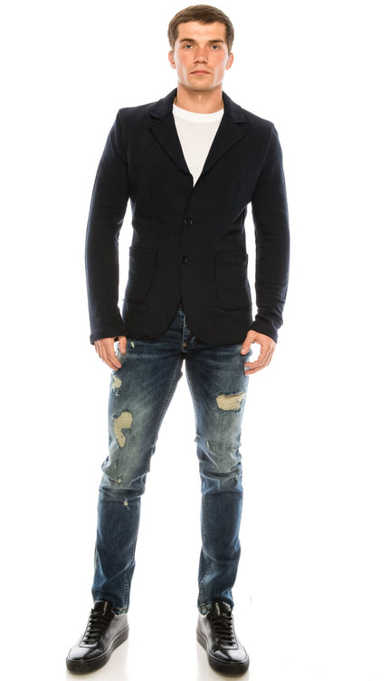 Raw Edge Fitted Cardigan - Navy - Ron Tomson