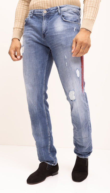 Red Stripe Cotton Denim Distressed Jeans - Indigo - Ron Tomson