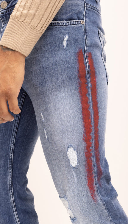 Red Stripe Cotton Denim Distressed Jeans - Indigo - Ron Tomson