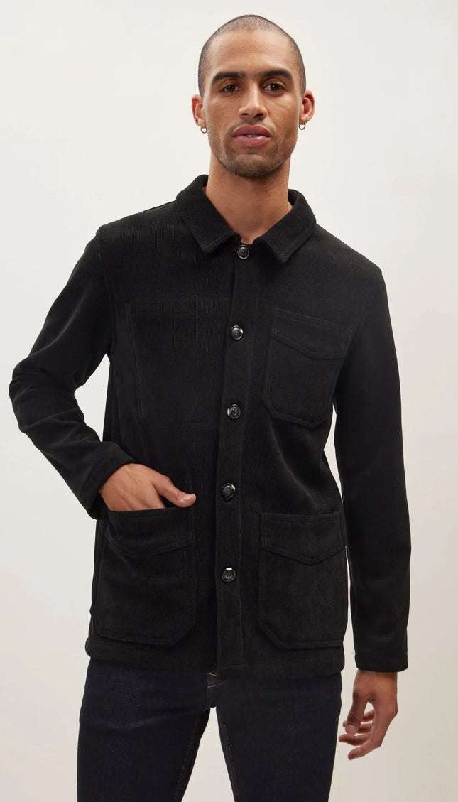Relaxed Corduroy Button Closure Jacket - Black - Ron Tomson