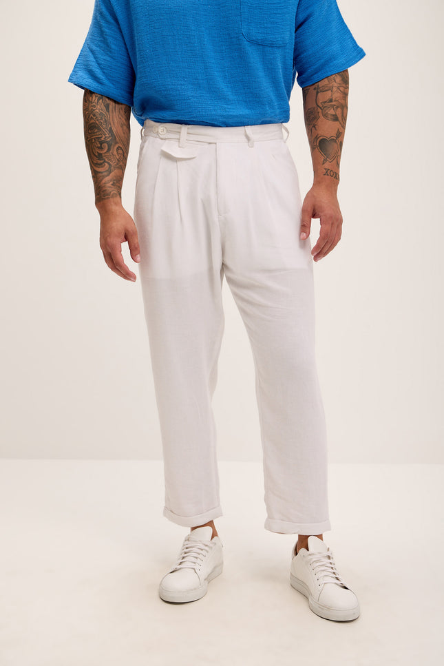 Relaxed Fit Linen Blend Pants - White - Ron Tomson